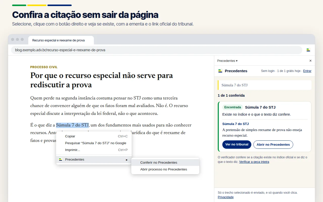 Painel lateral do Precedentes no Chrome conferindo a Súmula 7 do STJ selecionada num artigo: encontrada, com o enunciado e o link do tribunal
