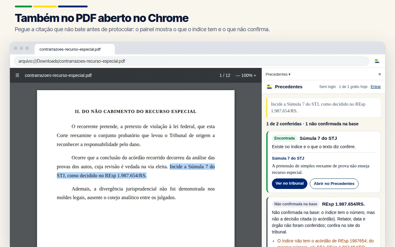 PDF de contrarrazões aberto no Chrome com uma súmula conferida e um REsp não confirmado na base, no painel lateral