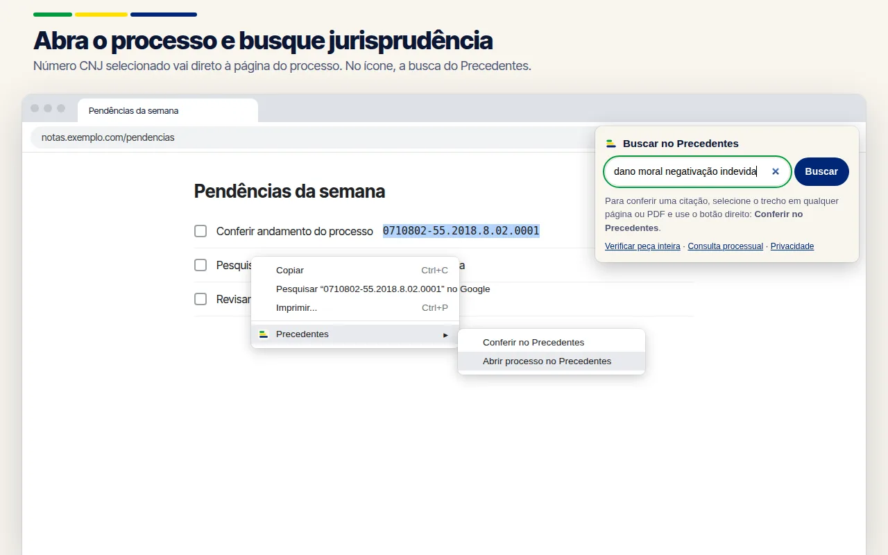 Menu do botão direito com “Abrir processo no Precedentes” sobre um número CNJ e a busca rápida aberta no ícone da extensão